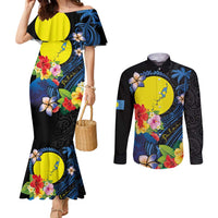 Palau Independence Day Couples Matching Mermaid Dress and Long Sleeve Button Shirt Melanesian Tattoo with Hibiscus LT03 No Dress - Polynesian Pride
