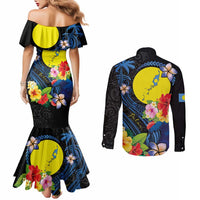 Palau Independence Day Couples Matching Mermaid Dress and Long Sleeve Button Shirt Melanesian Tattoo with Hibiscus LT03 - Polynesian Pride