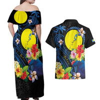 Palau Independence Day Couples Matching Off Shoulder Maxi Dress and Hawaiian Shirt Melanesian Tattoo with Hibiscus LT03 - Polynesian Pride