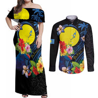 Palau Independence Day Couples Matching Off Shoulder Maxi Dress and Long Sleeve Button Shirt Melanesian Tattoo with Hibiscus LT03 No Dress - Polynesian Pride