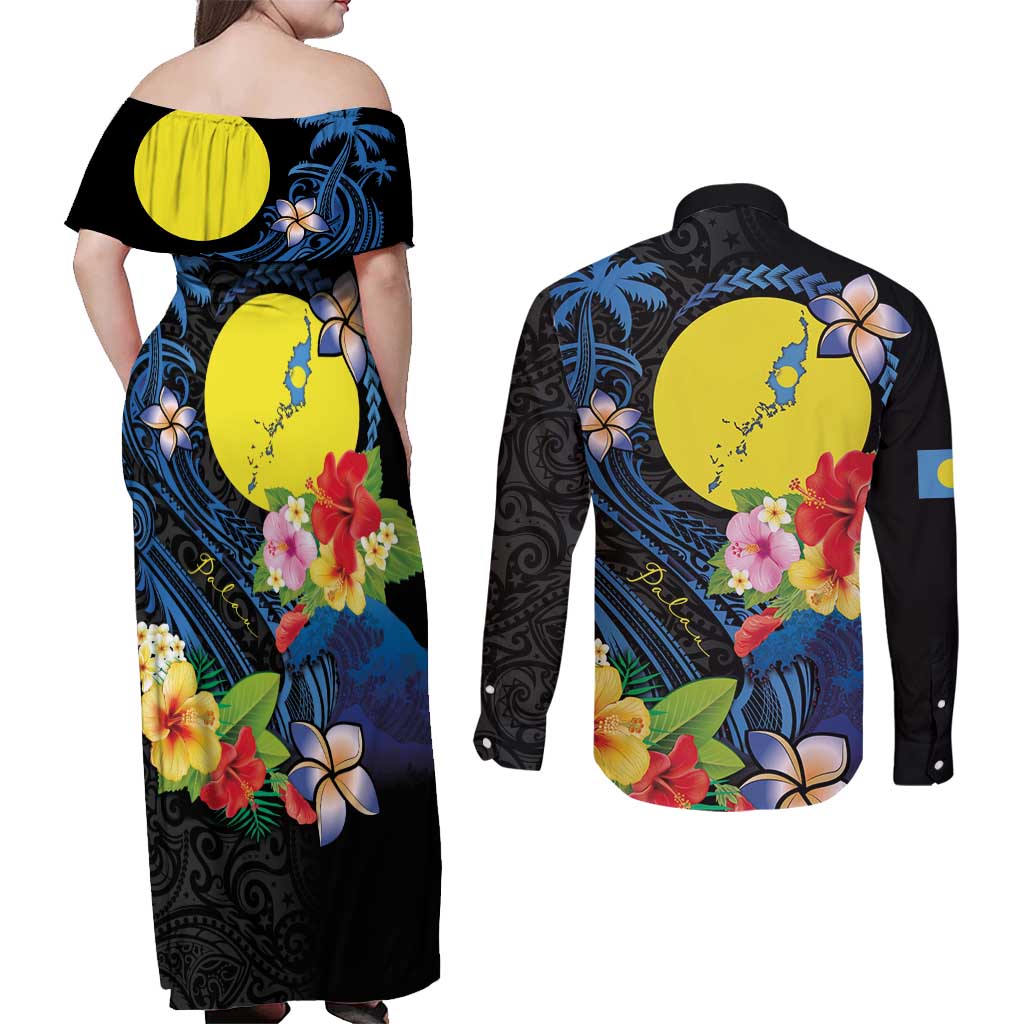 Palau Independence Day Couples Matching Off Shoulder Maxi Dress and Long Sleeve Button Shirt Melanesian Tattoo with Hibiscus LT03 - Polynesian Pride