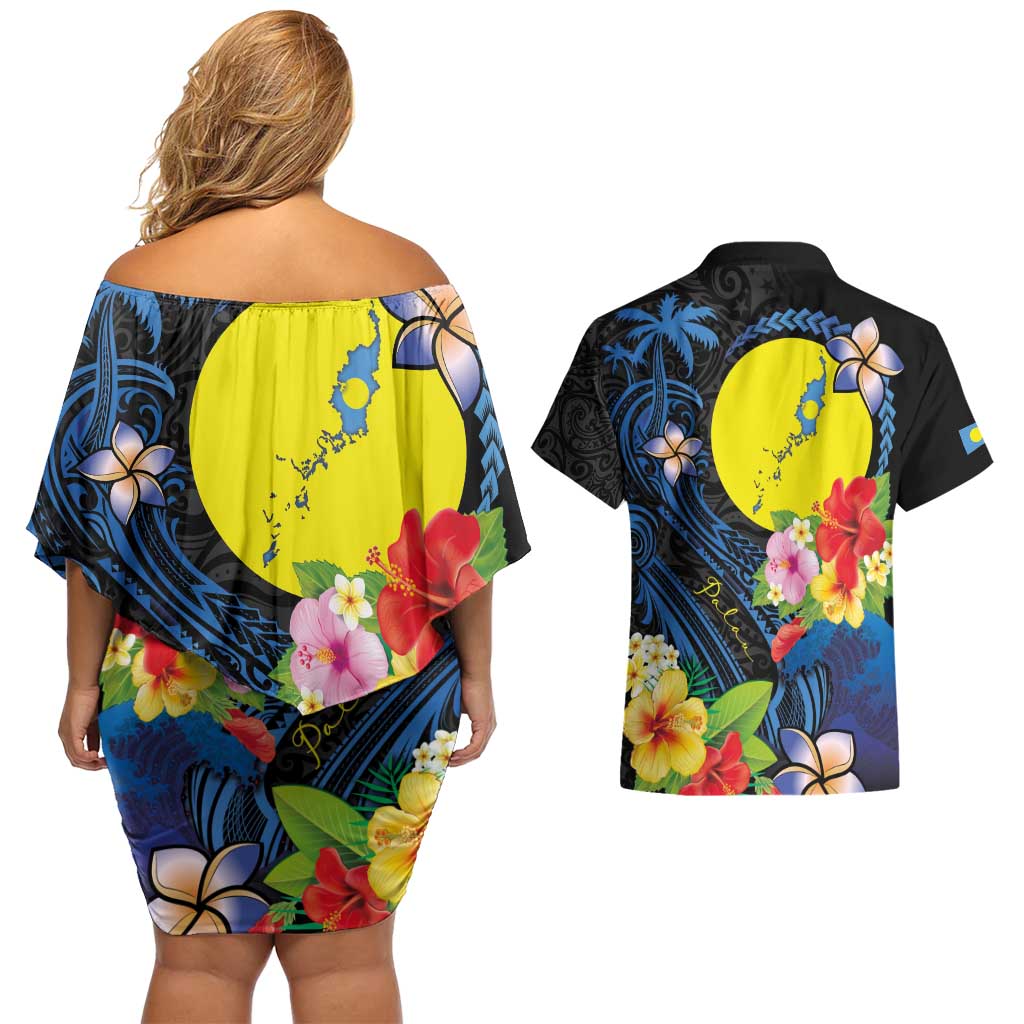 Palau Independence Day Couples Matching Off Shoulder Short Dress and Hawaiian Shirt Melanesian Tattoo with Hibiscus LT03 - Polynesian Pride