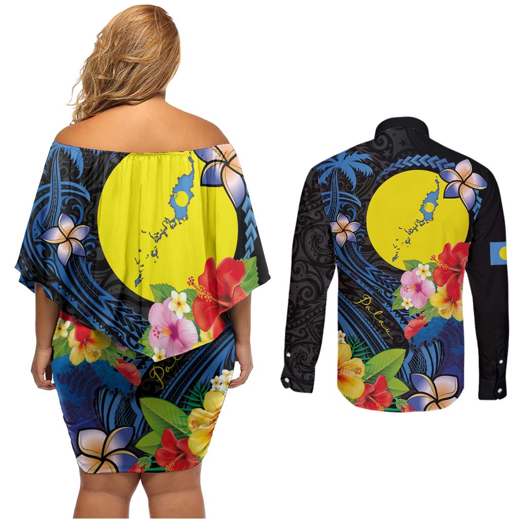 Palau Independence Day Couples Matching Off Shoulder Short Dress and Long Sleeve Button Shirt Melanesian Tattoo with Hibiscus LT03 - Polynesian Pride
