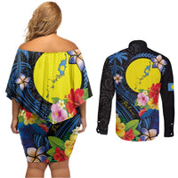 Palau Independence Day Couples Matching Off Shoulder Short Dress and Long Sleeve Button Shirt Melanesian Tattoo with Hibiscus LT03 - Polynesian Pride