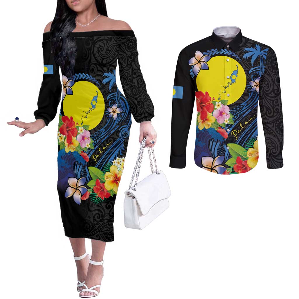Palau Independence Day Couples Matching Off The Shoulder Long Sleeve Dress and Long Sleeve Button Shirt Melanesian Tattoo with Hibiscus LT03 No Dress - Polynesian Pride