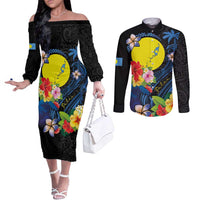 Palau Independence Day Couples Matching Off The Shoulder Long Sleeve Dress and Long Sleeve Button Shirt Melanesian Tattoo with Hibiscus LT03 No Dress - Polynesian Pride
