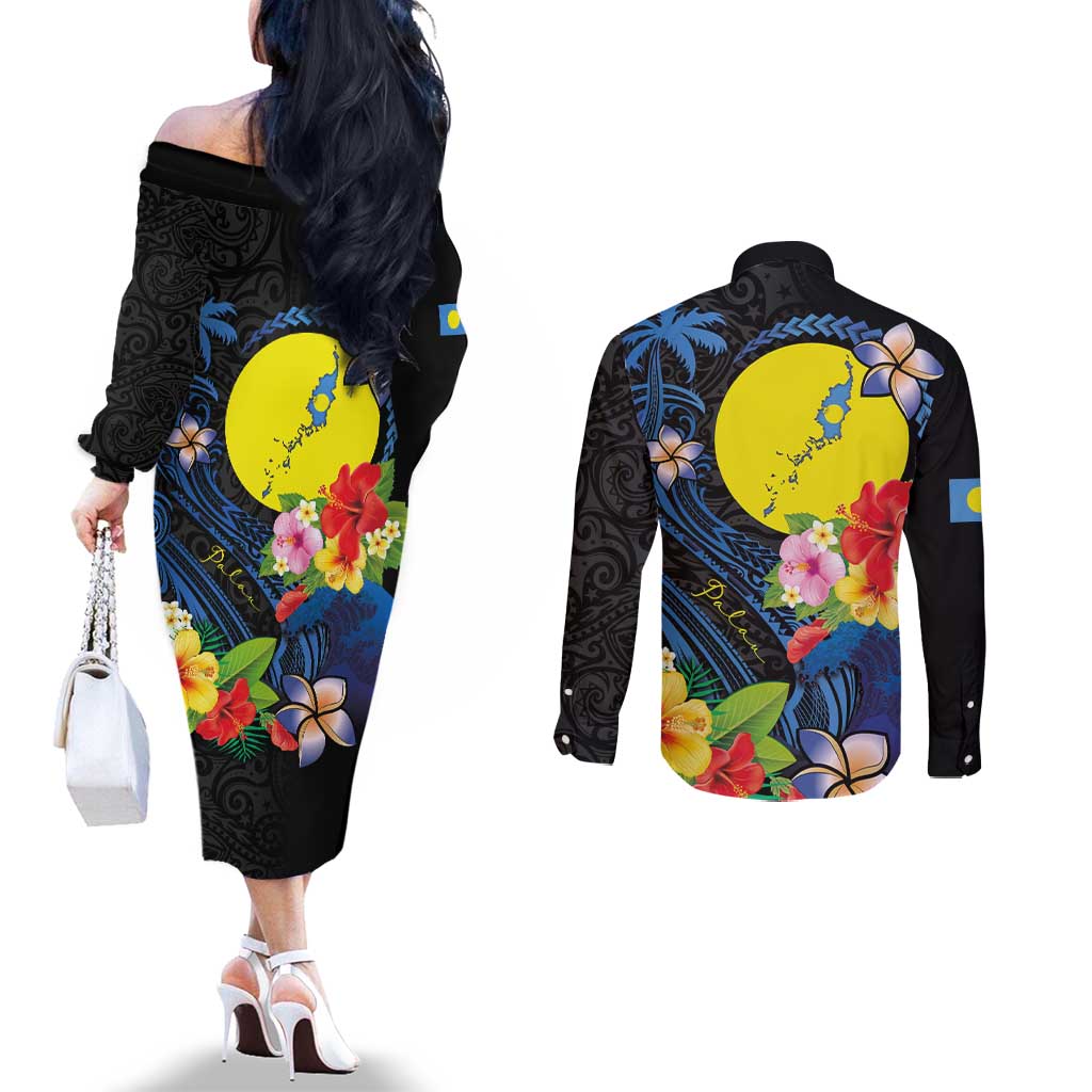 Palau Independence Day Couples Matching Off The Shoulder Long Sleeve Dress and Long Sleeve Button Shirt Melanesian Tattoo with Hibiscus LT03 - Polynesian Pride