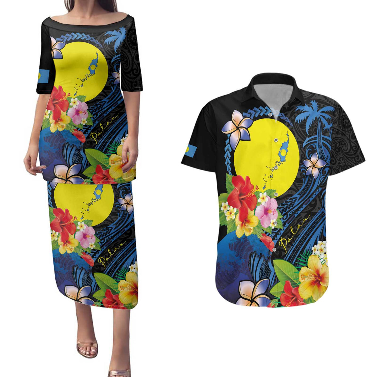 Palau Independence Day Couples Matching Puletasi and Hawaiian Shirt Melanesian Tattoo with Hibiscus LT03 No Dress - Polynesian Pride