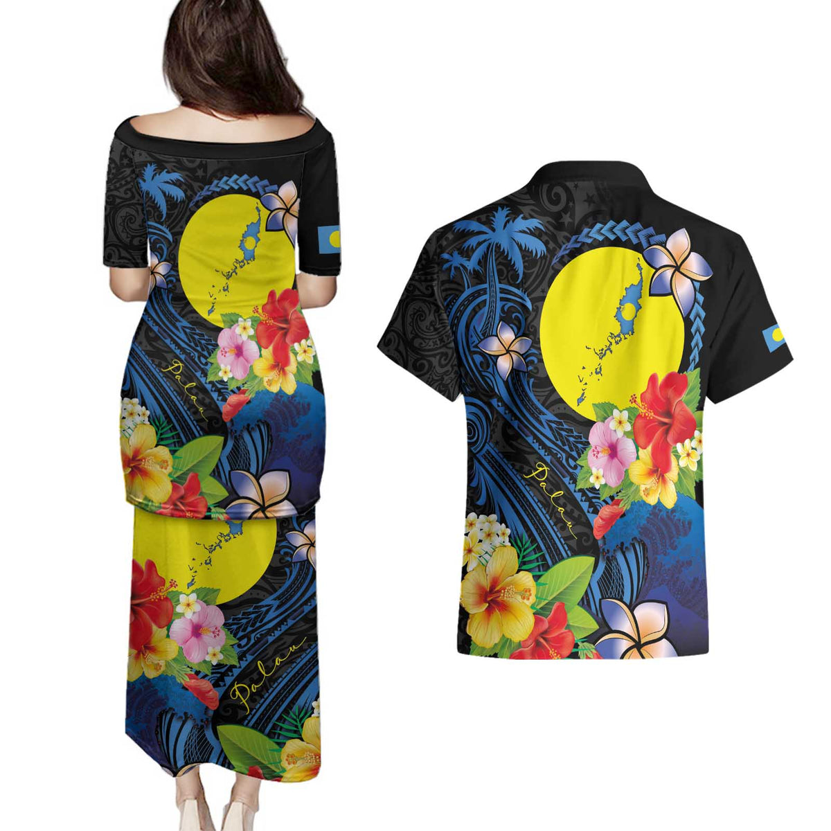Palau Independence Day Couples Matching Puletasi and Hawaiian Shirt Melanesian Tattoo with Hibiscus LT03 - Polynesian Pride