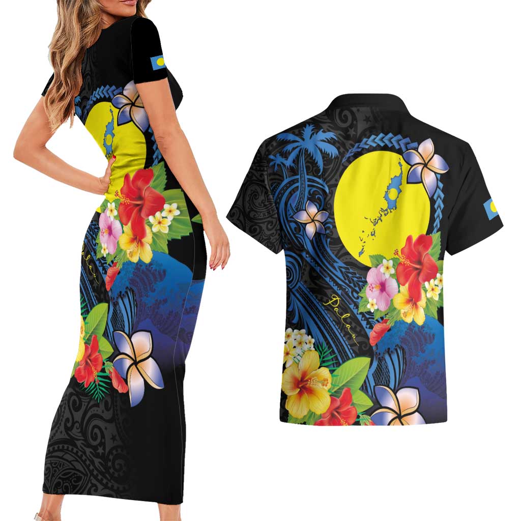 Palau Independence Day Couples Matching Short Sleeve Bodycon Dress and Hawaiian Shirt Melanesian Tattoo with Hibiscus LT03 - Polynesian Pride