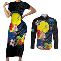 Palau Independence Day Couples Matching Short Sleeve Bodycon Dress and Long Sleeve Button Shirt Melanesian Tattoo with Hibiscus LT03 No Dress - Polynesian Pride