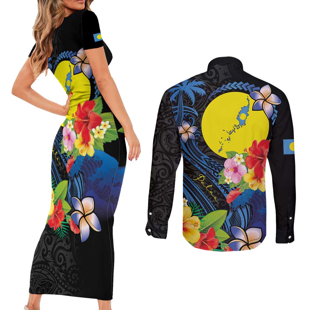 Palau Independence Day Couples Matching Short Sleeve Bodycon Dress and Long Sleeve Button Shirt Melanesian Tattoo with Hibiscus LT03 - Polynesian Pride