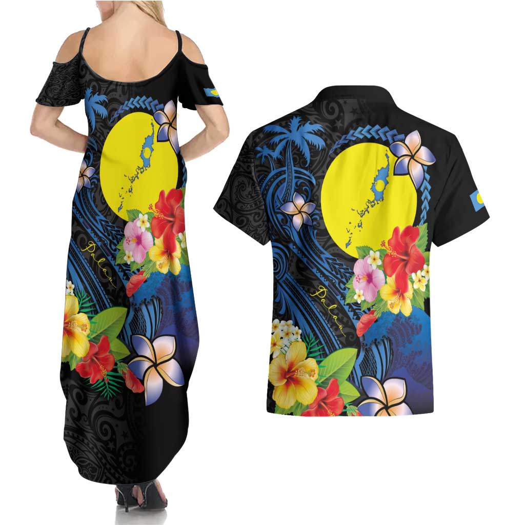 Palau Independence Day Couples Matching Summer Maxi Dress and Hawaiian Shirt Melanesian Tattoo with Hibiscus LT03 - Polynesian Pride