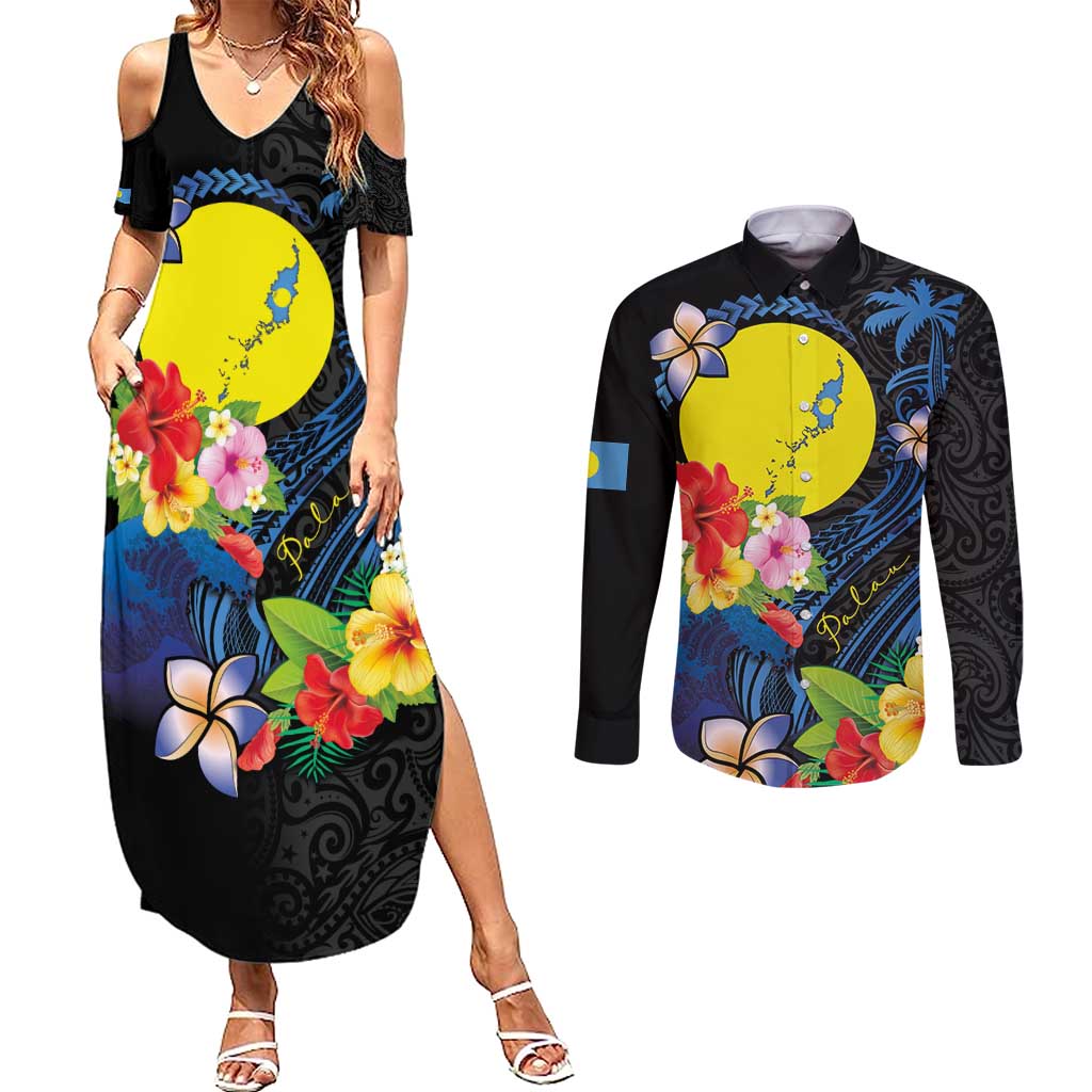 Palau Independence Day Couples Matching Summer Maxi Dress and Long Sleeve Button Shirt Melanesian Tattoo with Hibiscus LT03 No Dress - Polynesian Pride