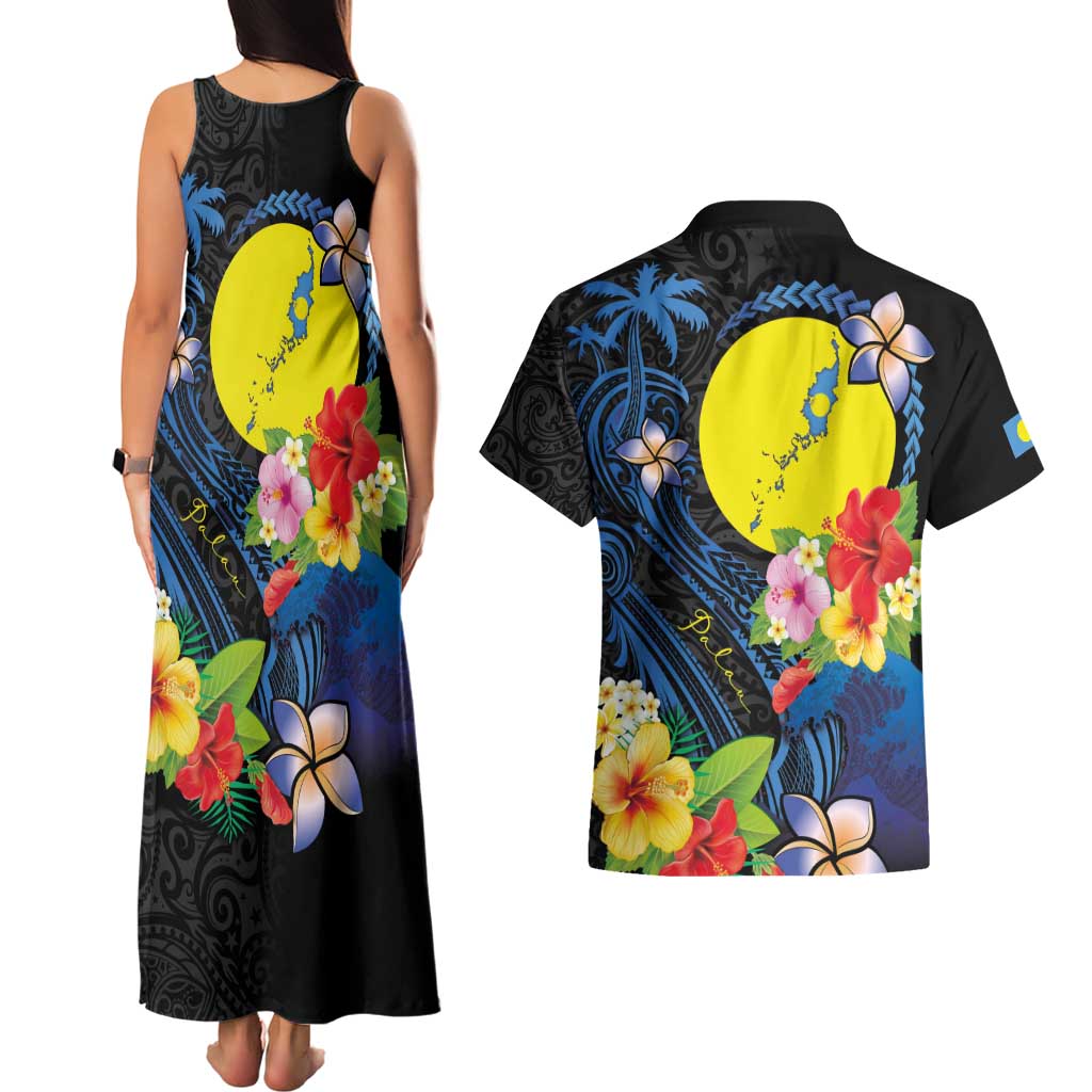 Palau Independence Day Couples Matching Tank Maxi Dress and Hawaiian Shirt Melanesian Tattoo with Hibiscus LT03 - Polynesian Pride