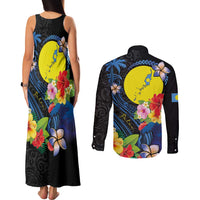 Palau Independence Day Couples Matching Tank Maxi Dress and Long Sleeve Button Shirt Melanesian Tattoo with Hibiscus LT03 - Polynesian Pride