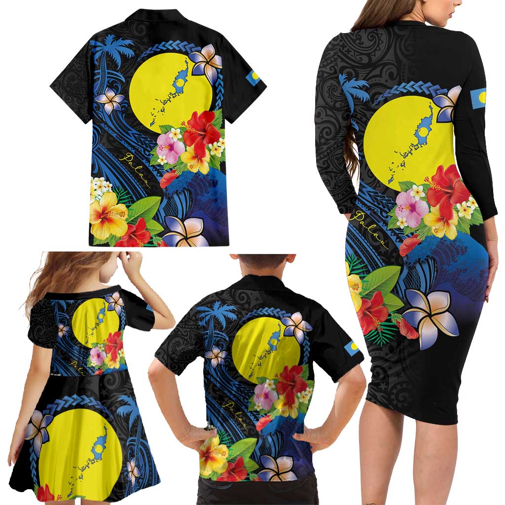Palau Independence Day Family Matching Long Sleeve Bodycon Dress and Hawaiian Shirt Melanesian Tattoo with Hibiscus LT03 - Polynesian Pride