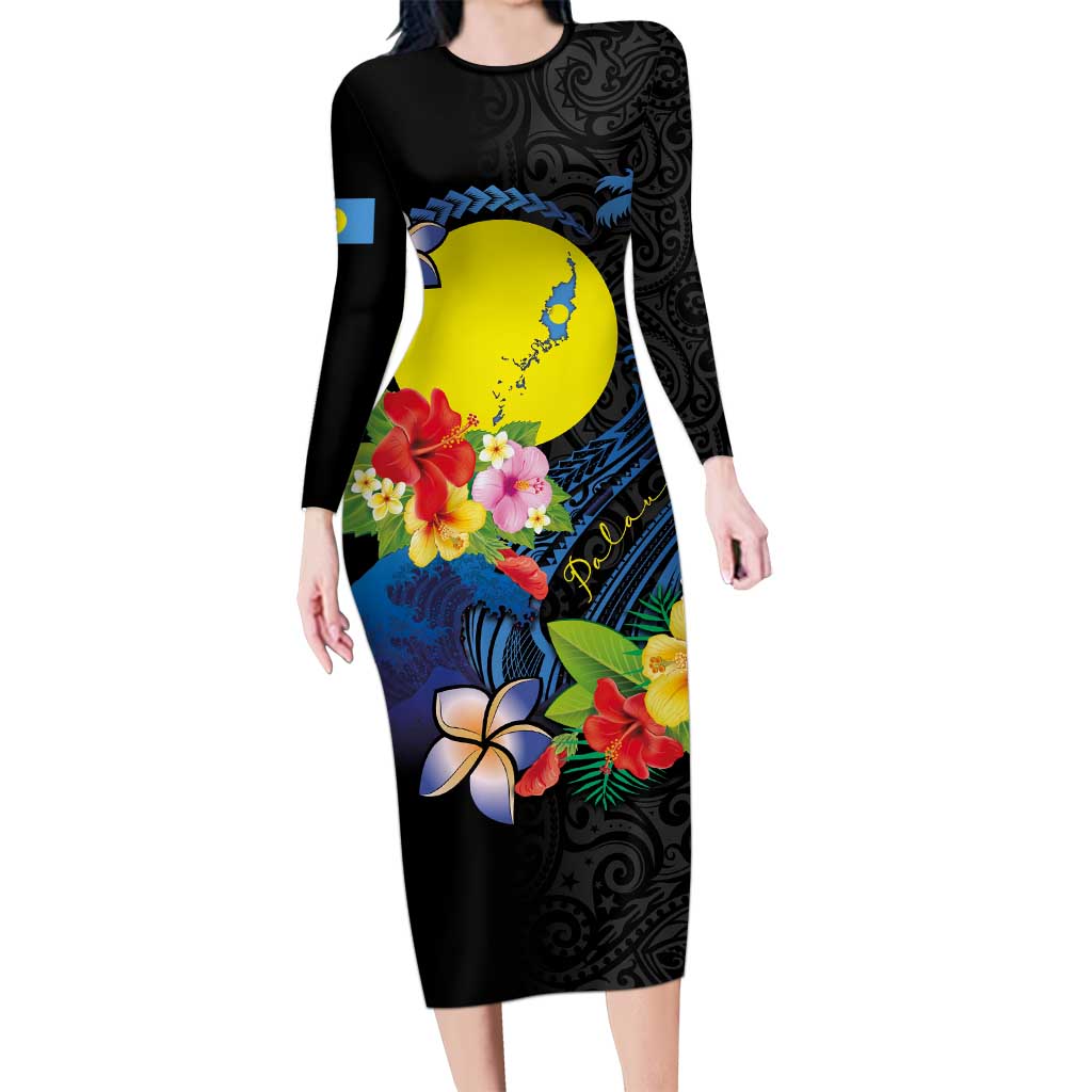 Palau Independence Day Family Matching Long Sleeve Bodycon Dress and Hawaiian Shirt Melanesian Tattoo with Hibiscus LT03 Mom's Dress - Polynesian Pride
