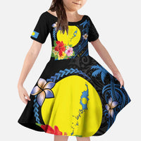 Palau Independence Day Family Matching Off The Shoulder Long Sleeve Dress and Hawaiian Shirt Melanesian Tattoo with Hibiscus LT03 Daughter's Dress - Polynesian Pride