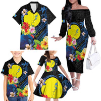 Palau Independence Day Family Matching Off The Shoulder Long Sleeve Dress and Hawaiian Shirt Melanesian Tattoo with Hibiscus LT03 - Polynesian Pride