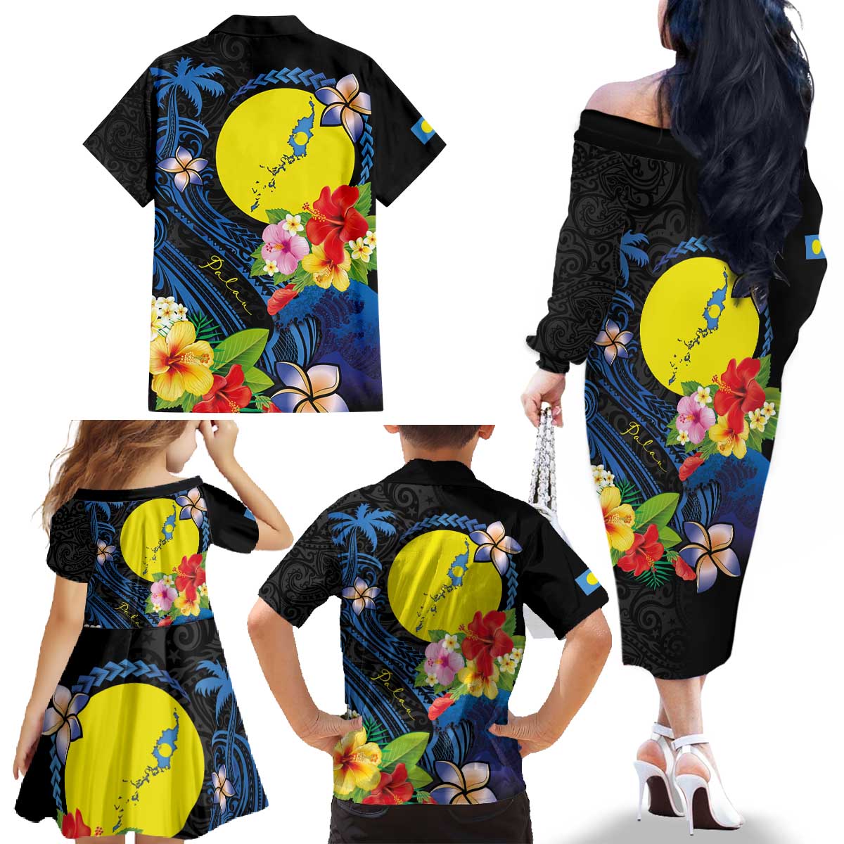 Palau Independence Day Family Matching Off The Shoulder Long Sleeve Dress and Hawaiian Shirt Melanesian Tattoo with Hibiscus LT03 - Polynesian Pride