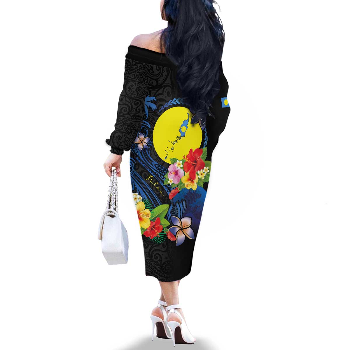 Palau Independence Day Family Matching Off The Shoulder Long Sleeve Dress and Hawaiian Shirt Melanesian Tattoo with Hibiscus LT03 - Polynesian Pride