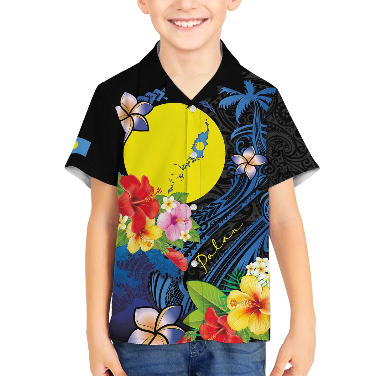 Palau Independence Day Family Matching Off The Shoulder Long Sleeve Dress and Hawaiian Shirt Melanesian Tattoo with Hibiscus LT03 Son's Shirt - Polynesian Pride