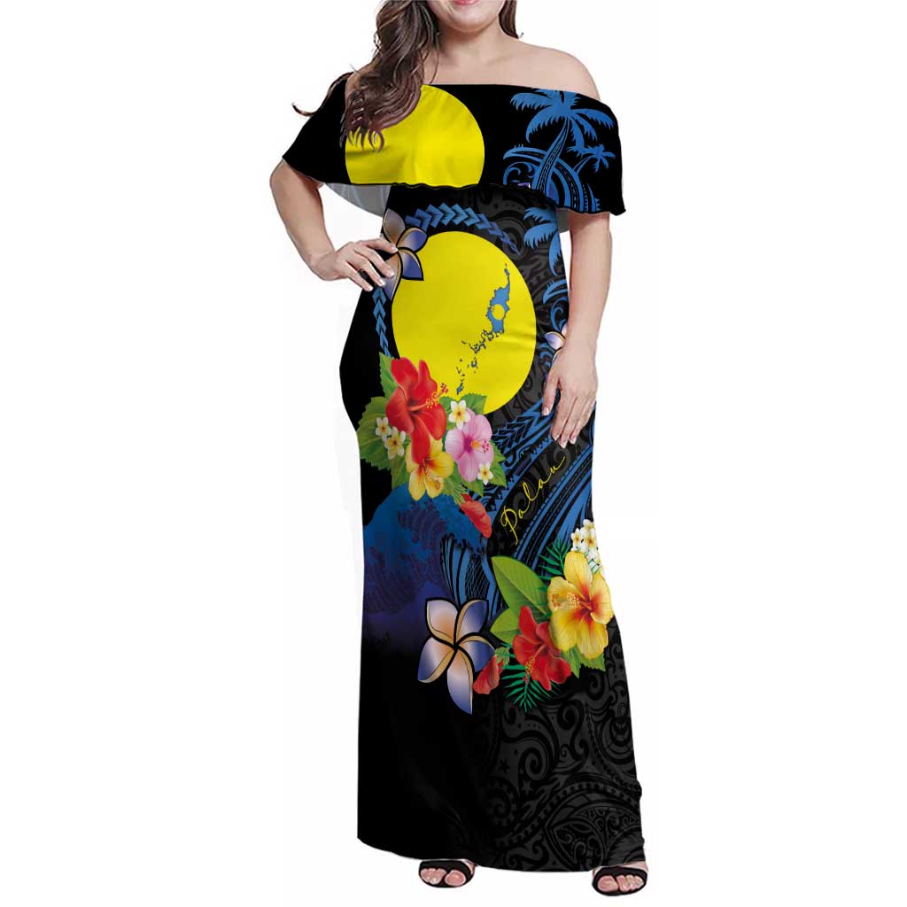 Palau Independence Day Family Matching Off Shoulder Maxi Dress and Hawaiian Shirt Melanesian Tattoo with Hibiscus LT03 Mom's Dress - Polynesian Pride