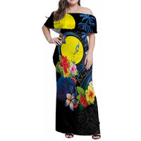 Palau Independence Day Family Matching Off Shoulder Maxi Dress and Hawaiian Shirt Melanesian Tattoo with Hibiscus LT03 Mom's Dress - Polynesian Pride