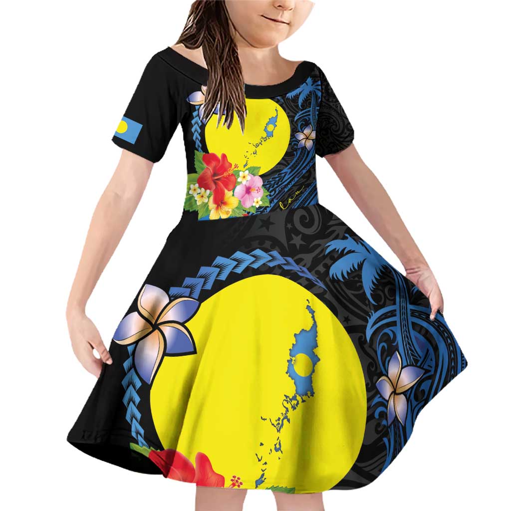 Palau Independence Day Family Matching Off Shoulder Short Dress and Hawaiian Shirt Melanesian Tattoo with Hibiscus LT03 Daughter's Dress - Polynesian Pride