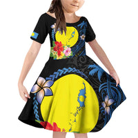Palau Independence Day Family Matching Off Shoulder Short Dress and Hawaiian Shirt Melanesian Tattoo with Hibiscus LT03 Daughter's Dress - Polynesian Pride