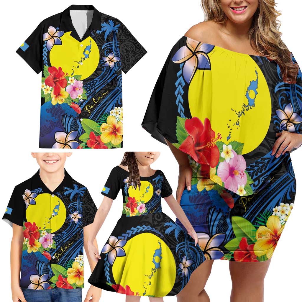 Palau Independence Day Family Matching Off Shoulder Short Dress and Hawaiian Shirt Melanesian Tattoo with Hibiscus LT03 - Polynesian Pride