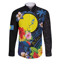 Palau Independence Day Family Matching Off Shoulder Short Dress and Hawaiian Shirt Melanesian Tattoo with Hibiscus LT03 Dad's Shirt - Long Sleeve - Polynesian Pride