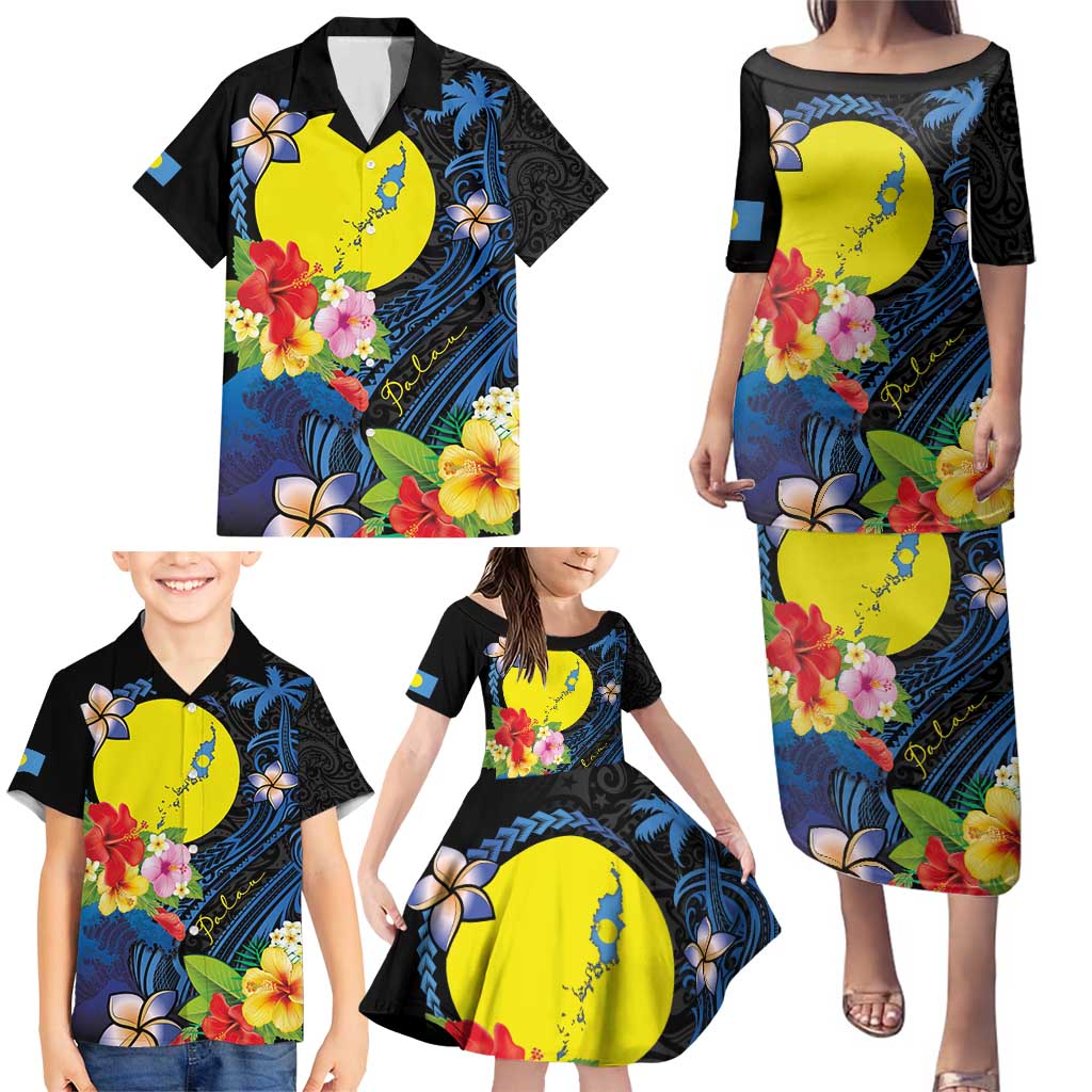 Palau Independence Day Family Matching Puletasi and Hawaiian Shirt Melanesian Tattoo with Hibiscus LT03 - Polynesian Pride