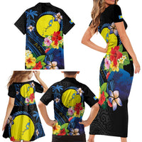 Palau Independence Day Family Matching Short Sleeve Bodycon Dress and Hawaiian Shirt Melanesian Tattoo with Hibiscus LT03 - Polynesian Pride