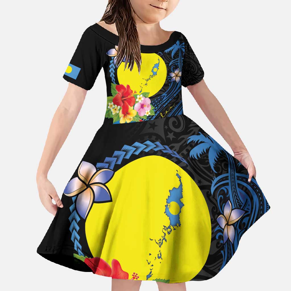Palau Independence Day Family Matching Summer Maxi Dress and Hawaiian Shirt Melanesian Tattoo with Hibiscus LT03 Daughter's Dress - Polynesian Pride