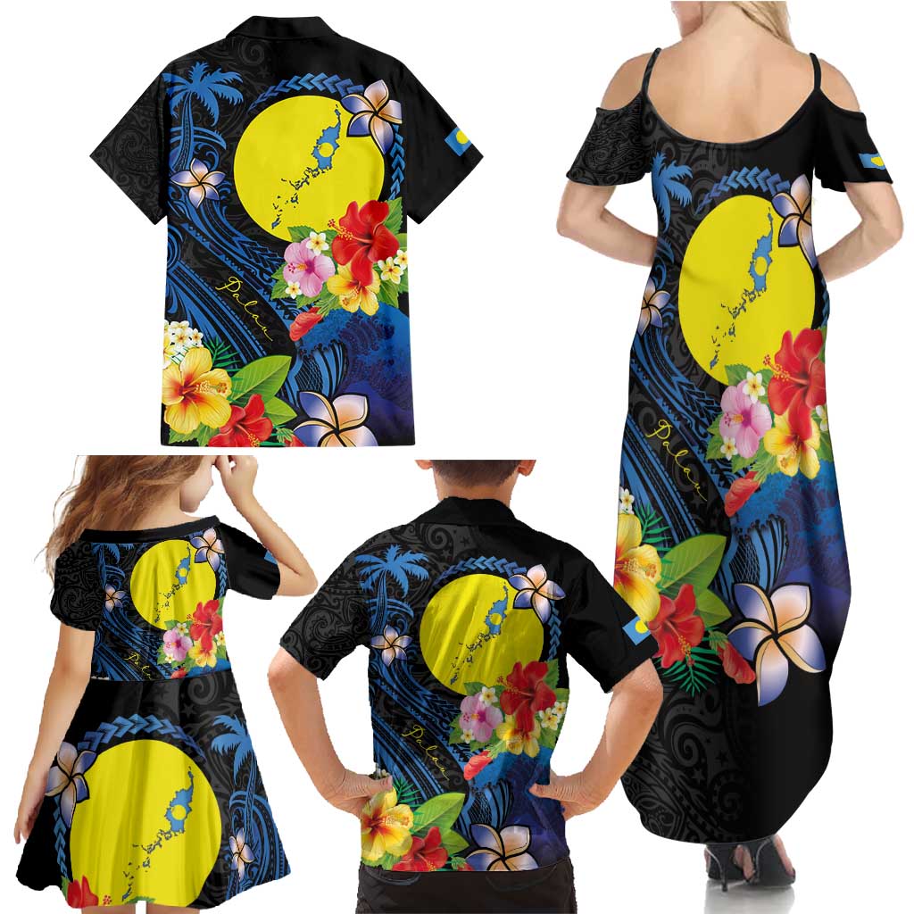 Palau Independence Day Family Matching Summer Maxi Dress and Hawaiian Shirt Melanesian Tattoo with Hibiscus LT03 - Polynesian Pride