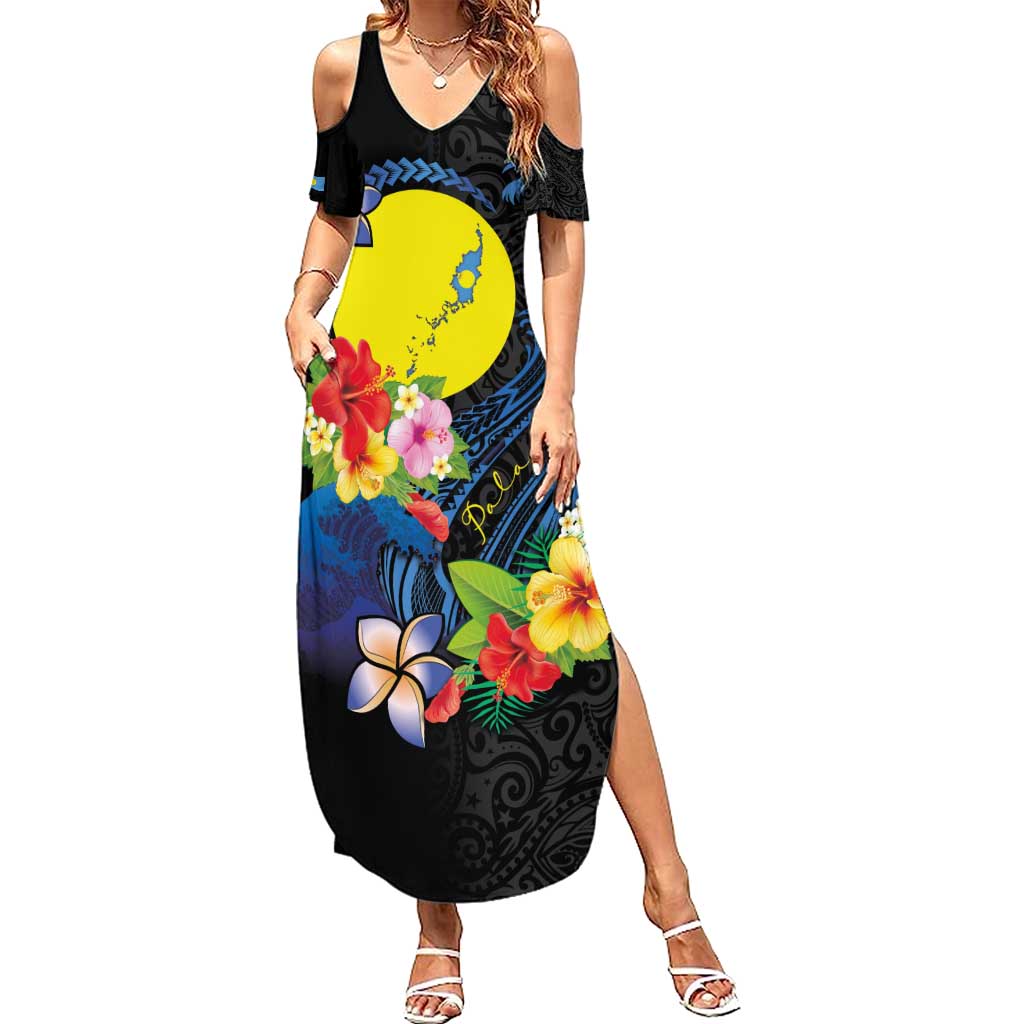 Palau Independence Day Family Matching Summer Maxi Dress and Hawaiian Shirt Melanesian Tattoo with Hibiscus LT03 Mom's Dress - Polynesian Pride