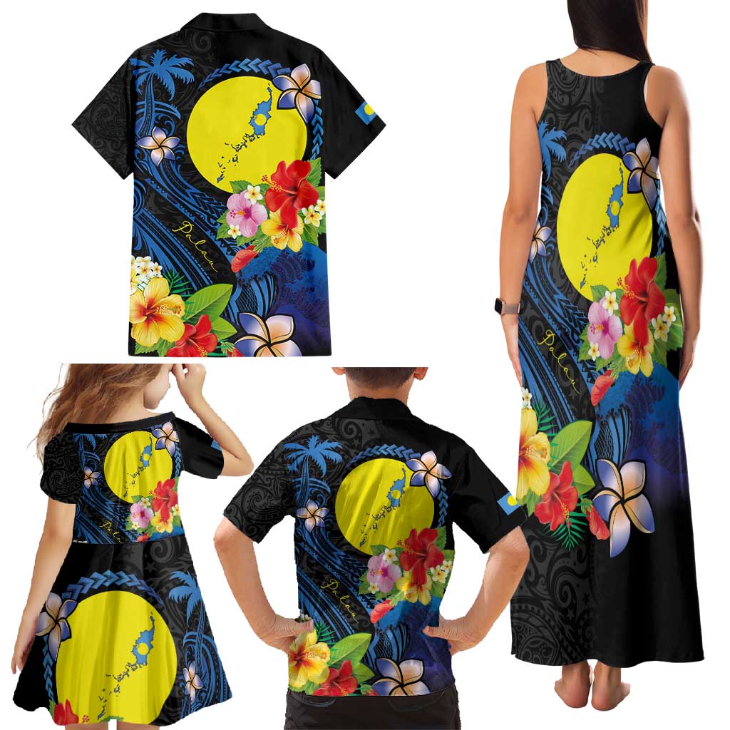 Palau Independence Day Family Matching Tank Maxi Dress and Hawaiian Shirt Melanesian Tattoo with Hibiscus LT03 - Polynesian Pride