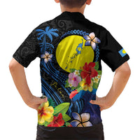 Palau Independence Day Kid Hawaiian Shirt Melanesian Tattoo with Hibiscus