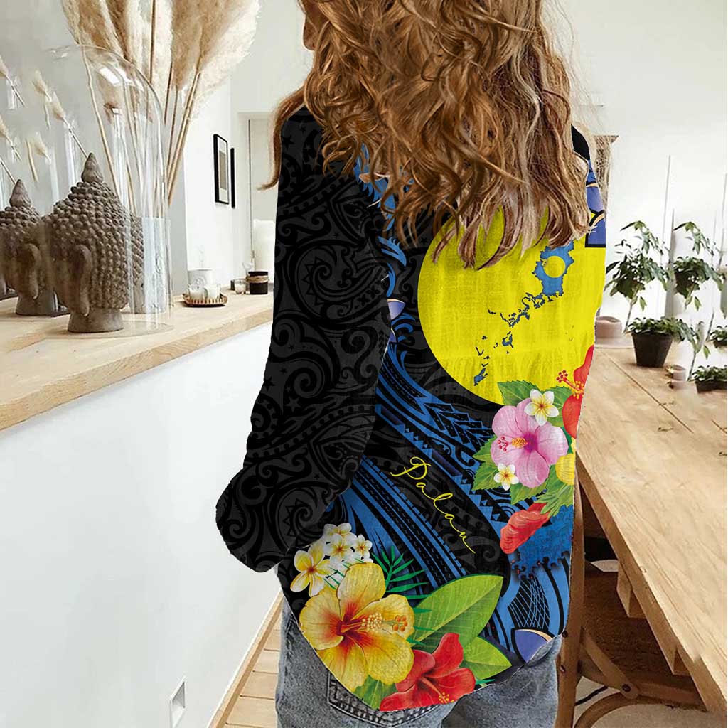 Palau Independence Day Women Casual Shirt Melanesian Tattoo with Hibiscus LT03 - Polynesian Pride