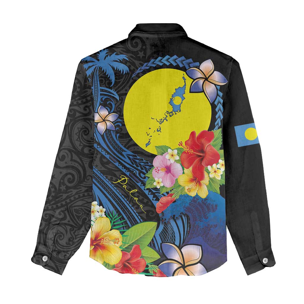 Palau Independence Day Women Casual Shirt Melanesian Tattoo with Hibiscus LT03 - Polynesian Pride