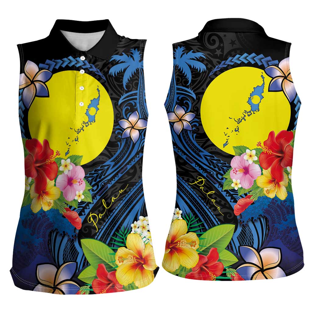 Palau Independence Day Women Sleeveless Polo Shirt Melanesian Tattoo with Hibiscus LT03 - Polynesian Pride