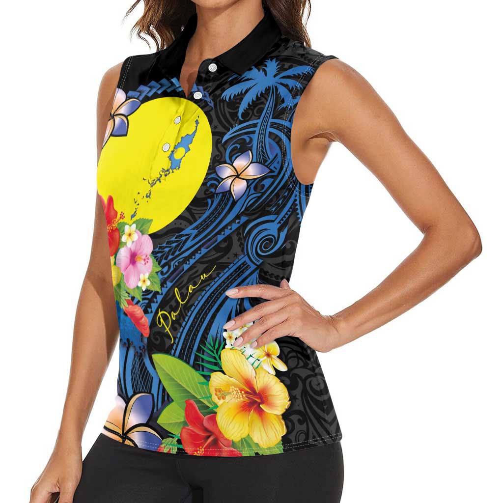 Palau Independence Day Women Sleeveless Polo Shirt Melanesian Tattoo with Hibiscus LT03 - Polynesian Pride
