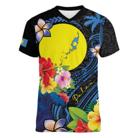Palau Independence Day Women V-Neck T-Shirt Melanesian Tattoo with Hibiscus LT03 Female - Polynesian Pride