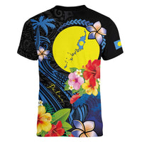 Palau Independence Day Women V-Neck T-Shirt Melanesian Tattoo with Hibiscus LT03 - Polynesian Pride