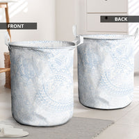 Hawaiian Turtles and Leis Laundry Basket Tribal Kakau Pattern Airy White Blue Cloud Vibe