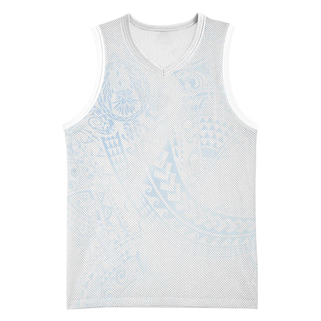 Hawaiian Turtles and Leis Basketball Jersey Tribal Kakau Pattern Airy White Blue Cloud Vibe LT03 Unisex White - Polynesian Pride