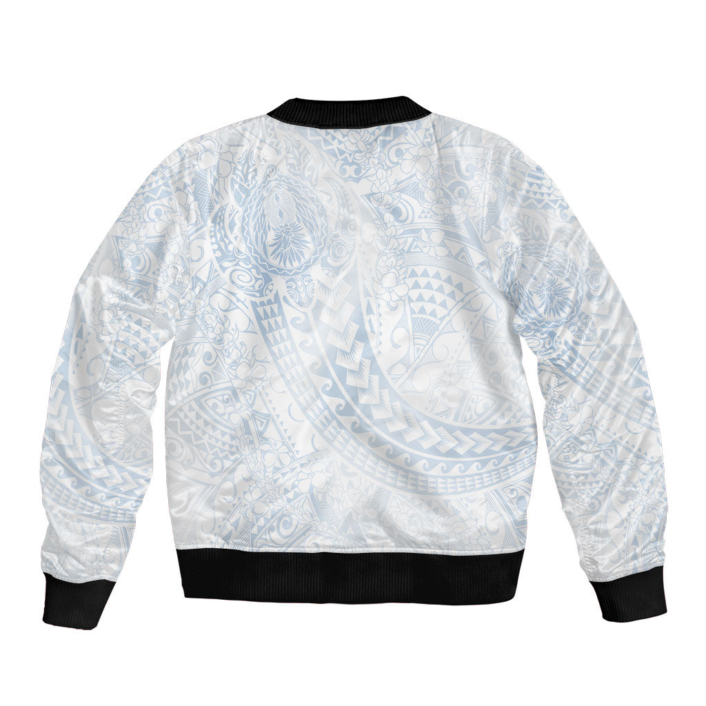Hawaiian Turtles and Leis Bomber Jacket Tribal Kakau Pattern Airy White Blue Cloud Vibe