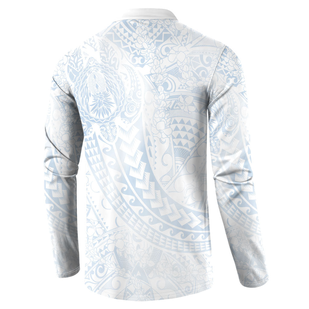 Hawaiian Turtles and Leis Button Sweatshirt Tribal Kakau Pattern Airy White Blue Cloud Vibe
